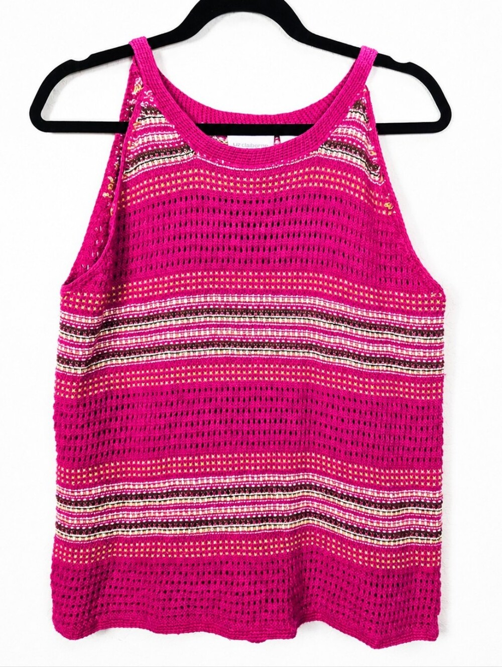 Liz Claiborne Liz Sport Linen Cotton Crochet Knit Tank Top Pink Striped XL Boho - Picture 2 of 7